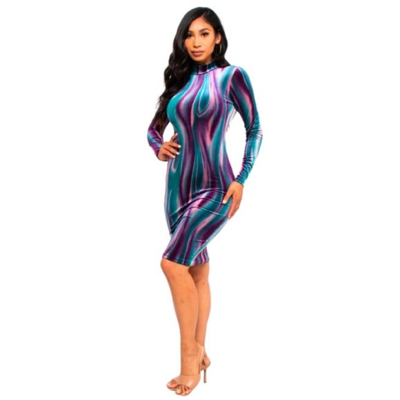 Long Sleeve Midi Dress Velvet Votique Purple & Blue-Green Ombre' - Picture 4 of 8